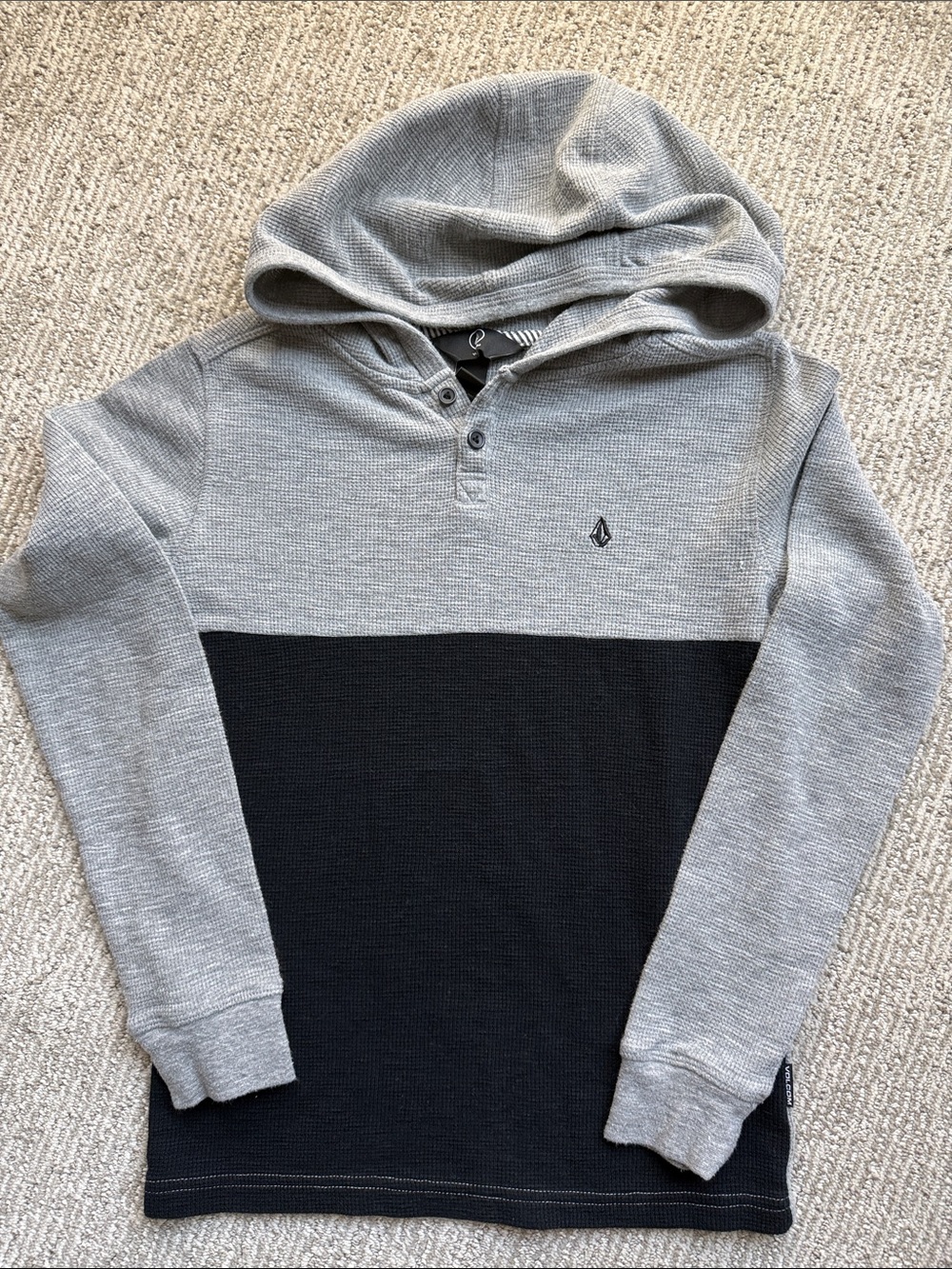 Volcom Two-Tone Gray and Black Hooded Waffle Henley
